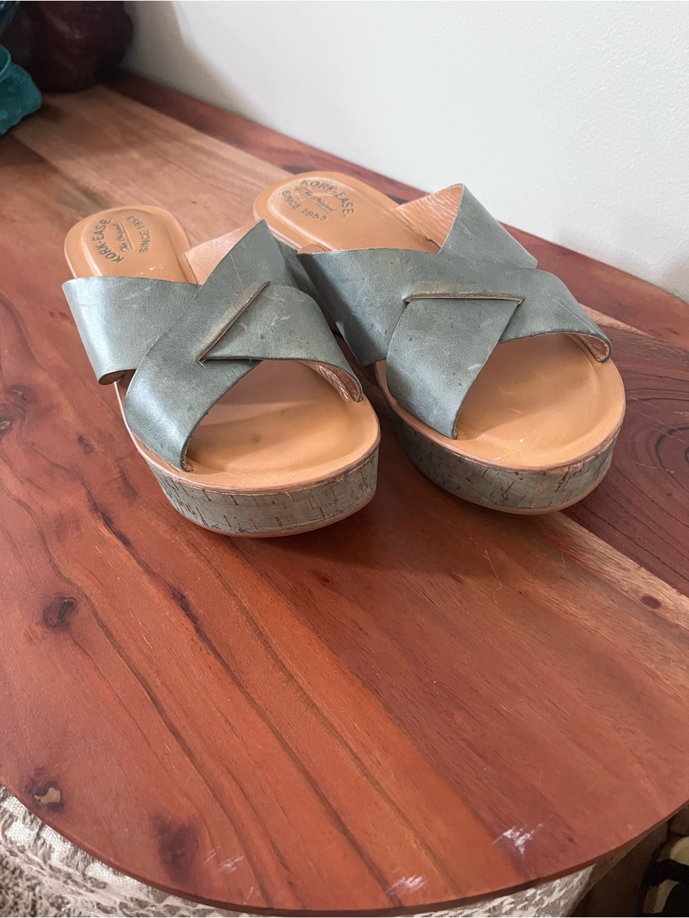 Kork-Ease Light Blue Leather Criss‎ Cross Platform Wedge Slide Sandals